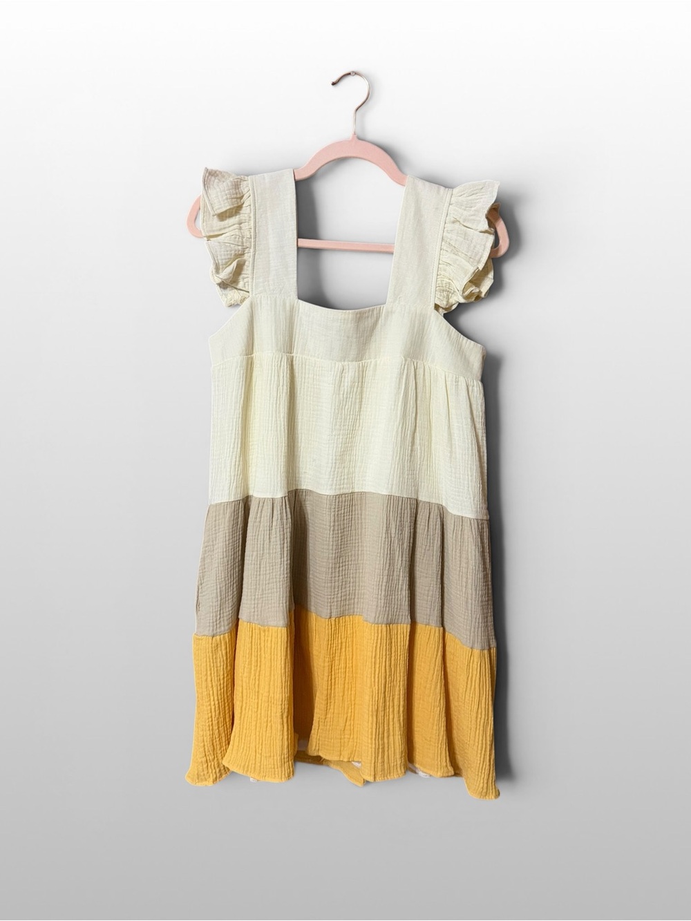 Color Block Tiered Gauze Dress Cottagecore Boho Ruffle Sleeve Small